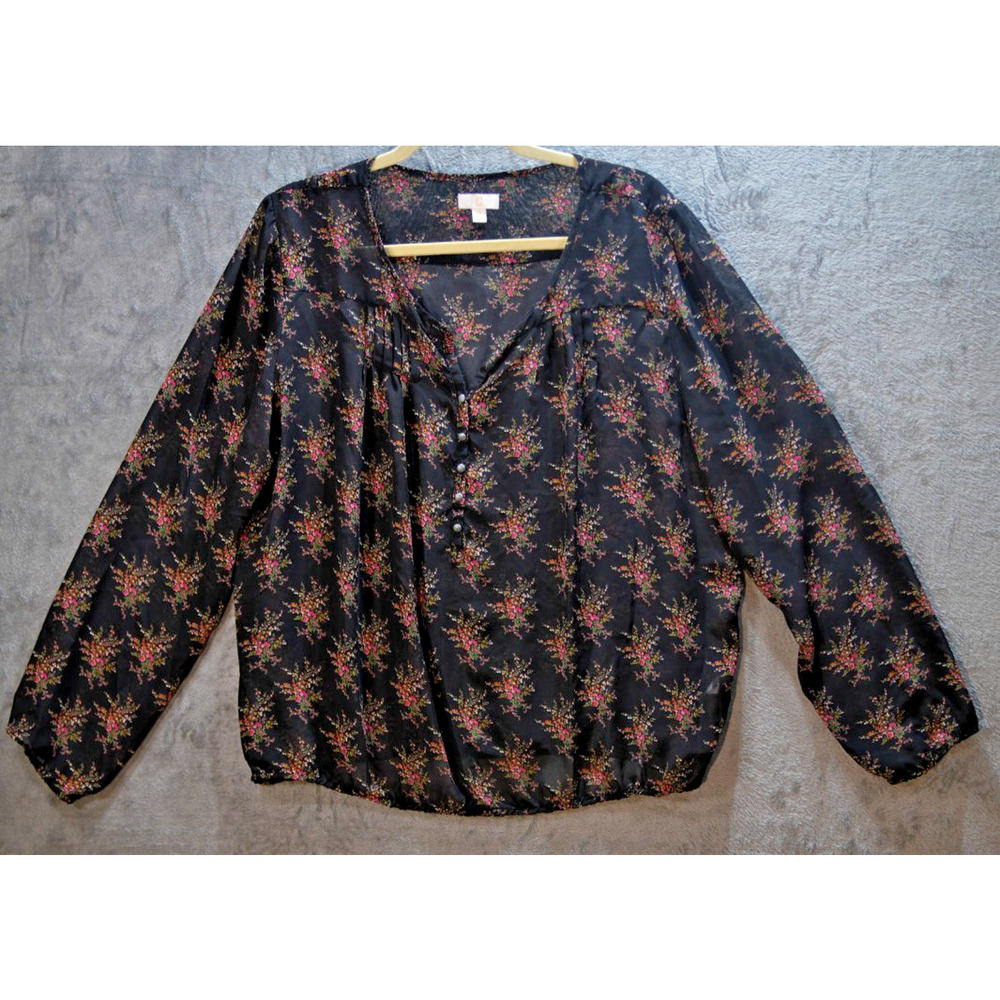 C & C California Black Floral Peasant Blouse XL‎ Long Sleeve Boho Button Front